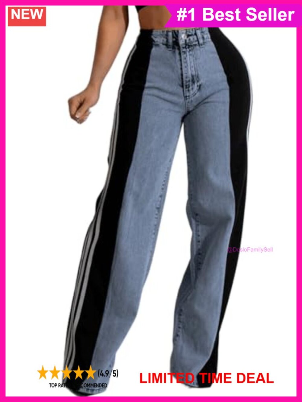 Women's High Rise Wide Leg Stretchy Jeans Patchwork Side Stripe